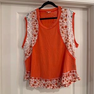 POL Orange Floral Lace-Trim Sleeveless Tank